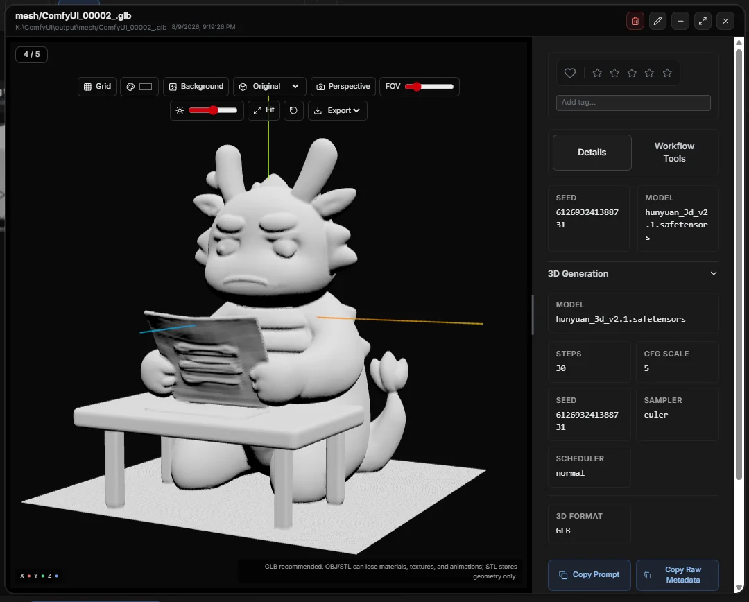 Image MetaHub displaying a generated 3D model with its generation metadata.