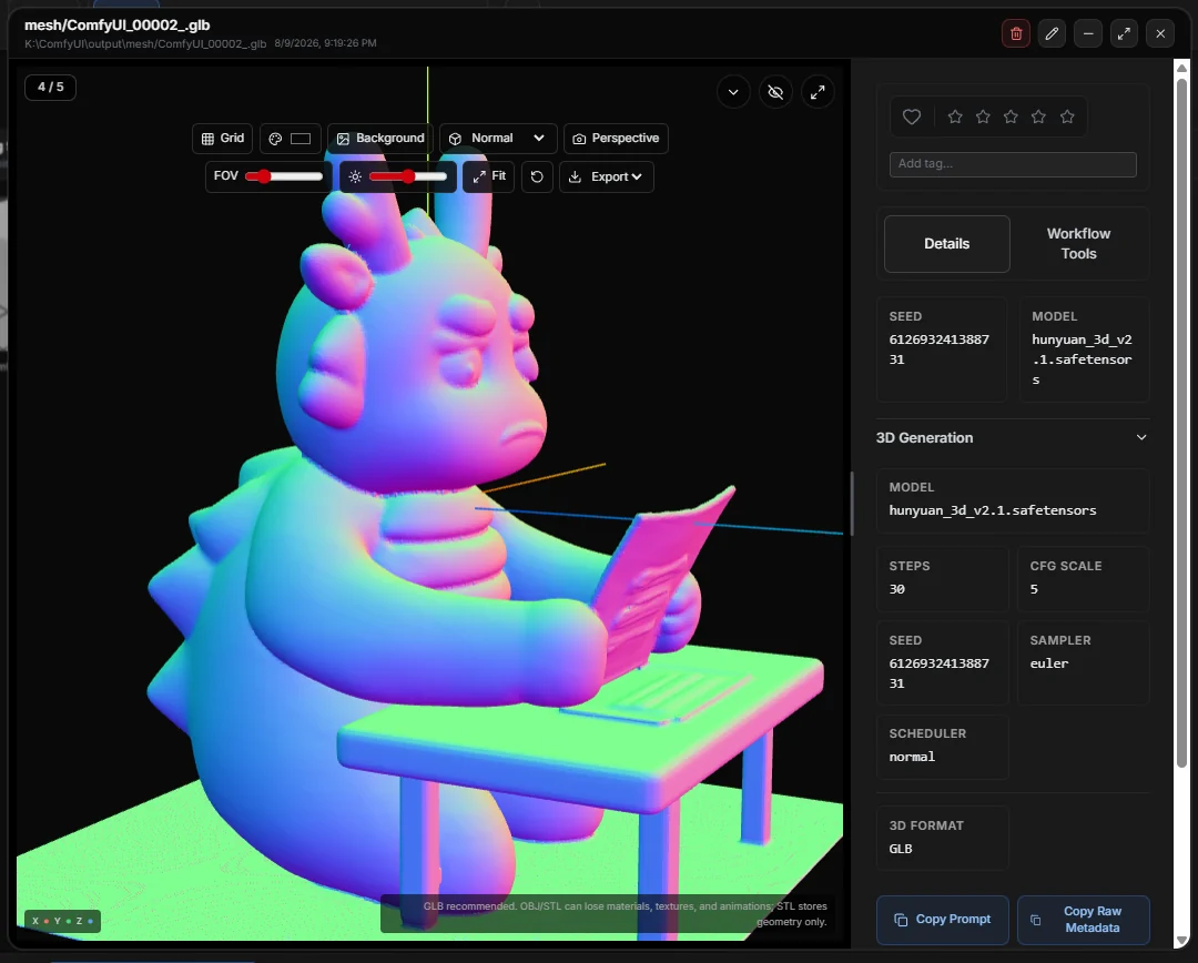 Image MetaHub 3D viewer showing the model normal visualization mode.