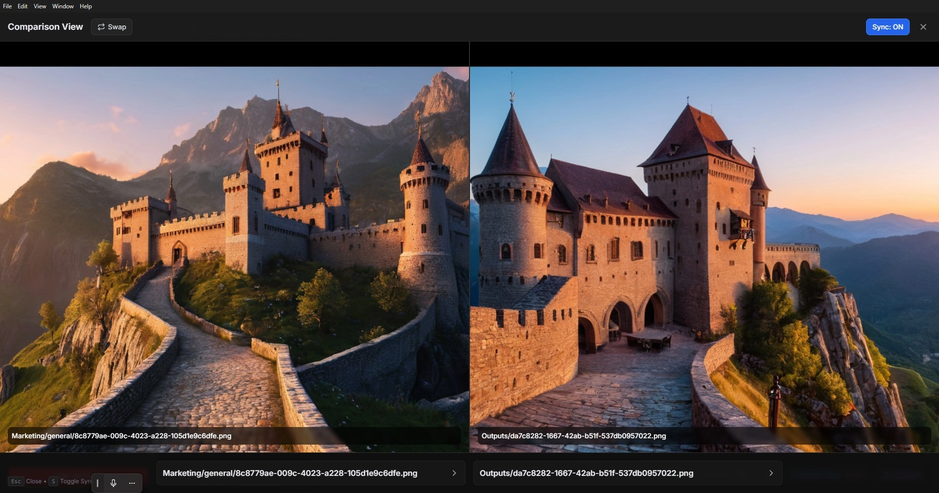 Side-by-side comparison view with two images and synchronized zoom
