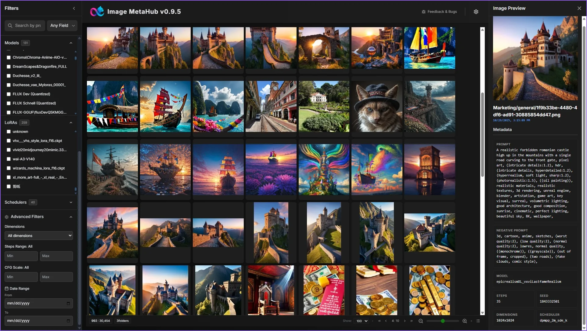 Side-by-side view with filters and image preview showing complete metadata