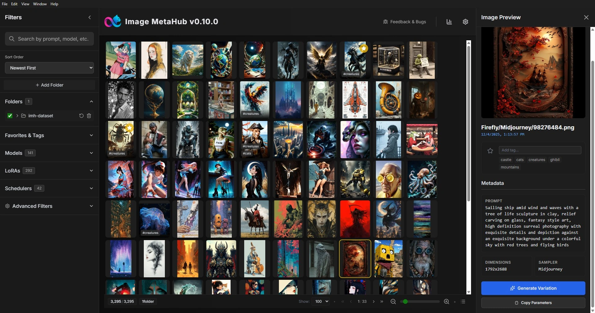 Image MetaHub grid view with folders, filters, tags, favorites and image preview