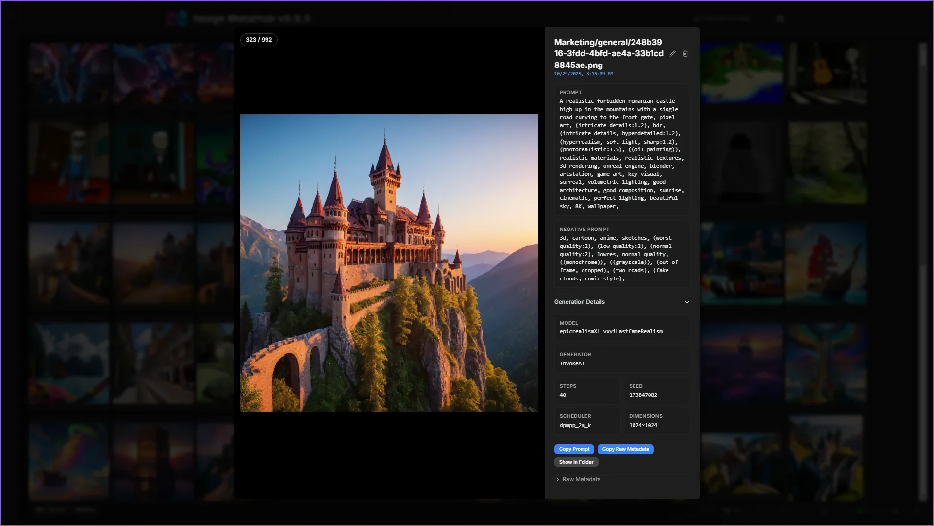 Fullscreen metadata view displaying complete AI prompts and generation parameters