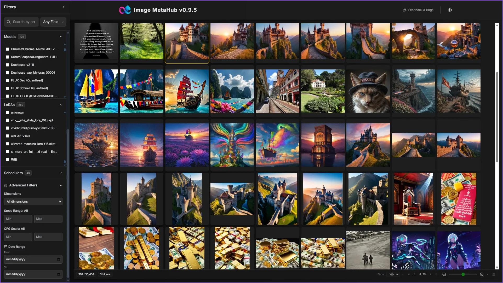 Image MetaHub main interface showing AI image grid with advanced metadata filters